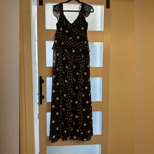 Eliza J Black Maxi Dress with White Polka Dots and Ruffle Tiers